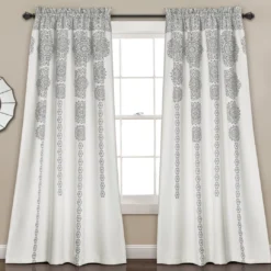 Stripe Medallion Gray Room-Darkening Rod Pocket Curtain Panel Pair, (84")