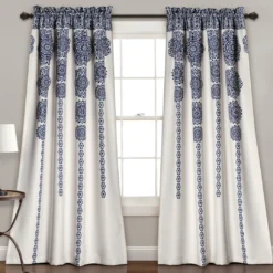 Stripe Medallion Navy Room-Darkening Rod Pocket Curtain Panel Pair, (84")
