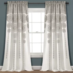 Stripe Medallion Gray Room-Darkening Rod Pocket Curtain Panel Pair, (95")