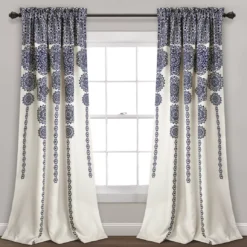 Stripe Medallion Navy Room-Darkening Rod Pocket Curtain Panel Pair, (95")