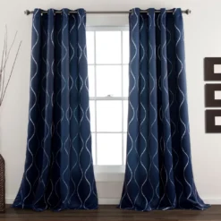 Swirl Navy Room-Darkening Grommet Curtain Panel Pair, (84")