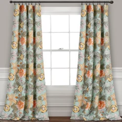 Sydney Blue & Green Floral Room-Darkening Rod Pocket Curtain Panel Pair, (84")