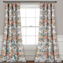 Sydney Blue & Yellow Floral Room-Darkening Rod Pocket Curtain Panel Pair, (84")