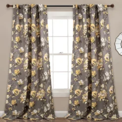 Tania Floral Gray & Yellow Room-Darkening Back Tab Curtain Panel Pair, (84")