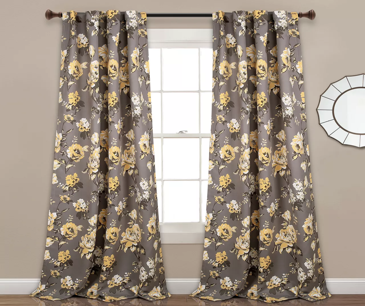 Tania Floral Gray & Yellow Room-Darkening Back Tab Curtain Panel Pair, (84")