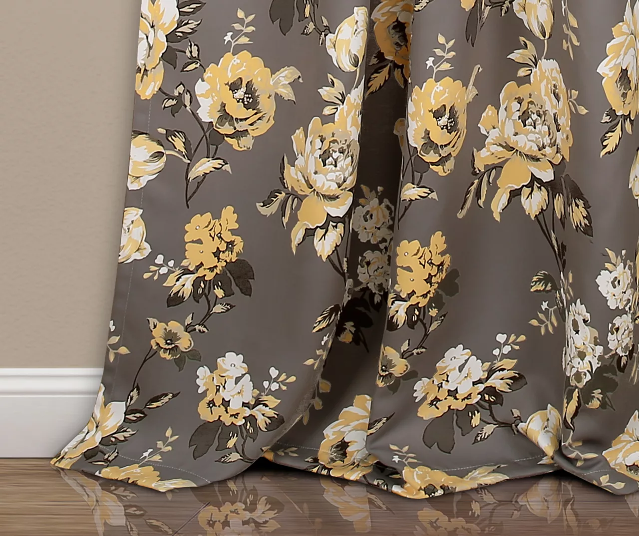 Tania Floral Gray & Yellow Room-Darkening Back Tab Curtain Panel Pair, (84") - Image 3