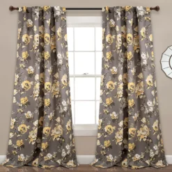 Tania Floral Gray & Yellow Room-Darkening Back Tab Curtain Panel Pair, (95")