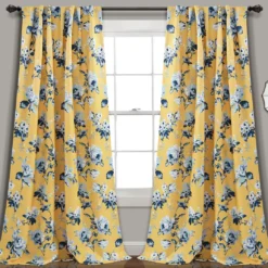 Tania Floral Yellow & Blue Room-Darkening Back Tab Curtain Panel Pair, (84")