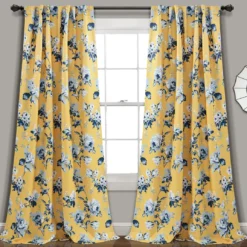 Tania Floral Yellow & Blue Room-Darkening Back Tab Curtain Panel Pair, (95")