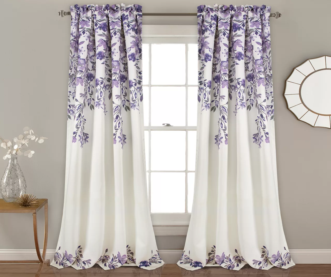 Tanisha Purple & Gray Floral Room-Darkening Rod Pocket Curtain Panel Pair, (84")