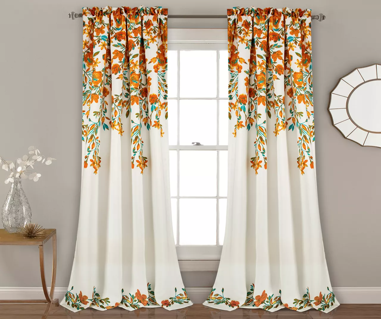 Tanisha Tangerine & Turquoise Floral Room-Darkening Rod Pocket Curtain Panel Pair, (84")