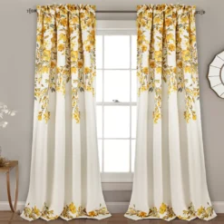 Tanisha Yellow & Gray Floral Room-Darkening Rod Pocket Curtain Panel Pair, (84")