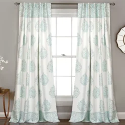 Teardrop Leaf Blue Room-Darkening Back Tab Curtain Panel Pair, (84")