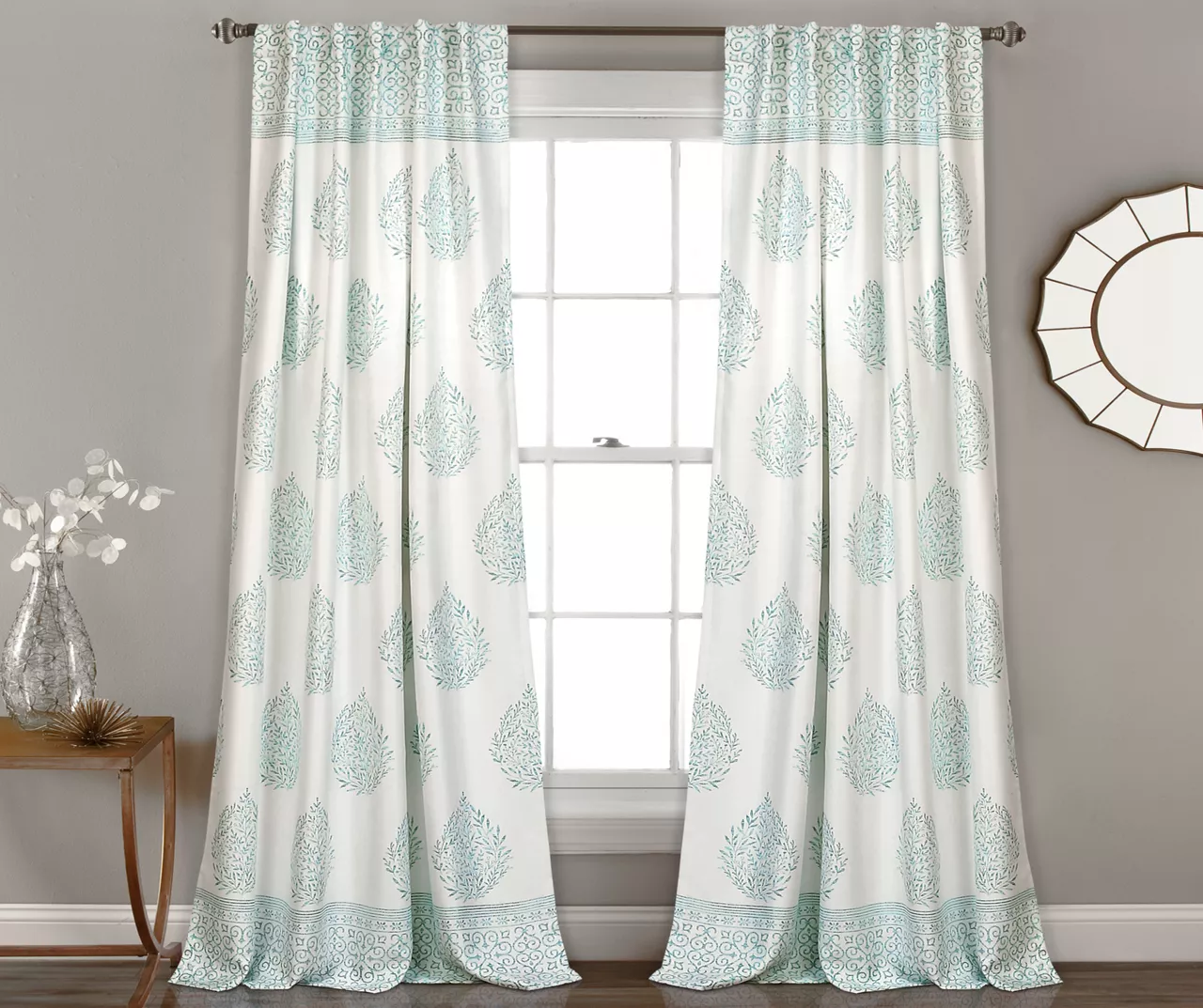 Teardrop Leaf Blue Room-Darkening Back Tab Curtain Panel Pair, (84")