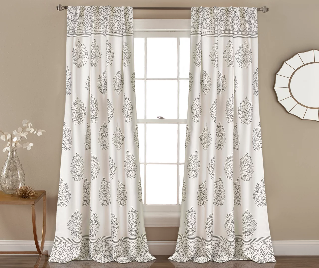 Teardrop Leaf Gray Room-Darkening Back Tab Curtain Panel Pair, (84")