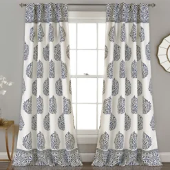 Teardrop Leaf Navy Room-Darkening Back Tab Curtain Panel Pair, (84")