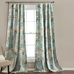 Botanical Garden Blue Room-Darkening Rod Pocket Curtain Panel Pair, (84")