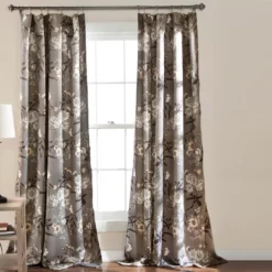 Botanical Garden Gray Room-Darkening Rod Pocket Curtain Panel Pair, (84")