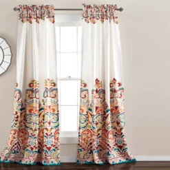 Clara Turquoise & Tangerine Paisley Room-Darkening Rod Pocket Curtain Panel Pair, (84")