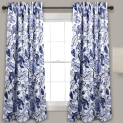 Cynthia Jacobean Blue Room-Darkening Rod Pocket Curtain Panel Pair