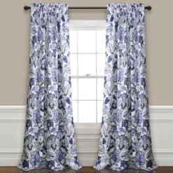 Cynthia Jacobean Blue Room-Darkening Rod Pocket Curtain Panel Pair, (84")