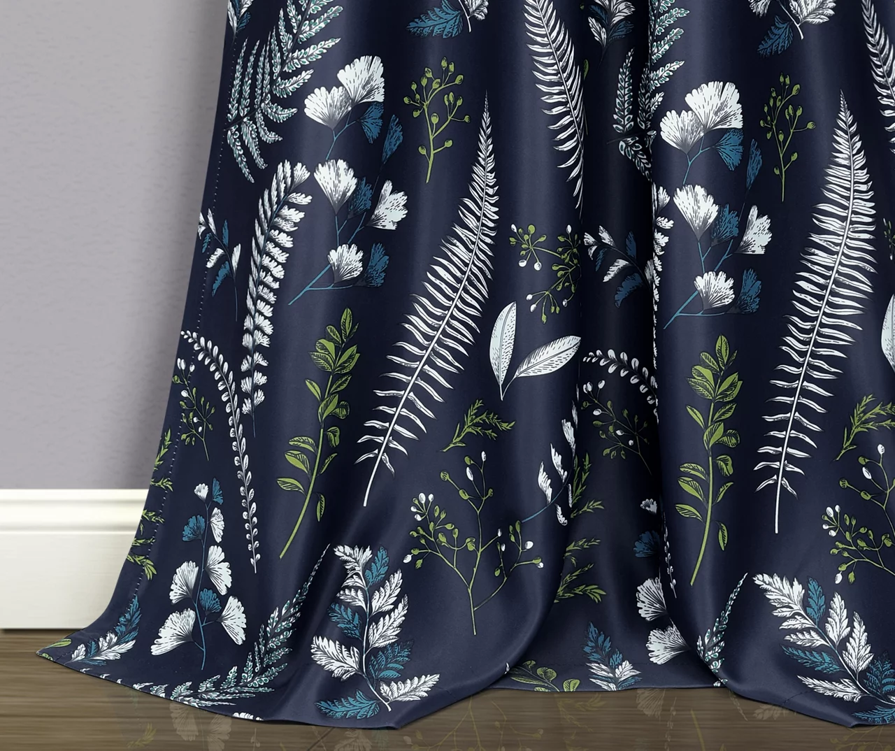 Devonia Allover Navy & Green Floral Room-Darkening Rod Pocket Curtain Panel Pair, (84") - Image 4