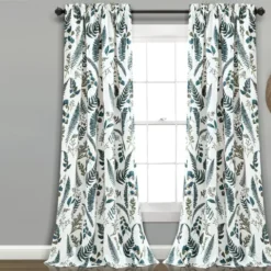 Devonia Allover White & Green Floral Room-Darkening Rod Pocket Curtain Panel Pair, (84")