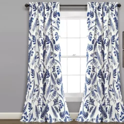 Devonia Allover White & Navy Floral Room-Darkening Rod Pocket Curtain Panel Pair, (95")