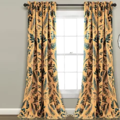 Devonia Allover Yellow & Blue Floral Room-Darkening Rod Pocket Curtain Panel Pair, (95")