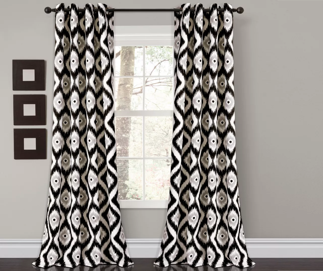 Diamond Ikat Black Room-Darkening Grommet Curtain Panel Pair, (84")