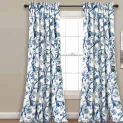 Dolores Blue & White Floral Room-Darkening Rod Pocket Curtain Panel Pair, (84")