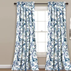 Dolores Blue & White Floral Room-Darkening Rod Pocket Curtain Panel Pair, (95")