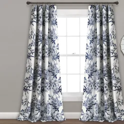 Botanical Garden Navy & White Room-Darkening Rod Pocket Curtain Panel Pair, (95")