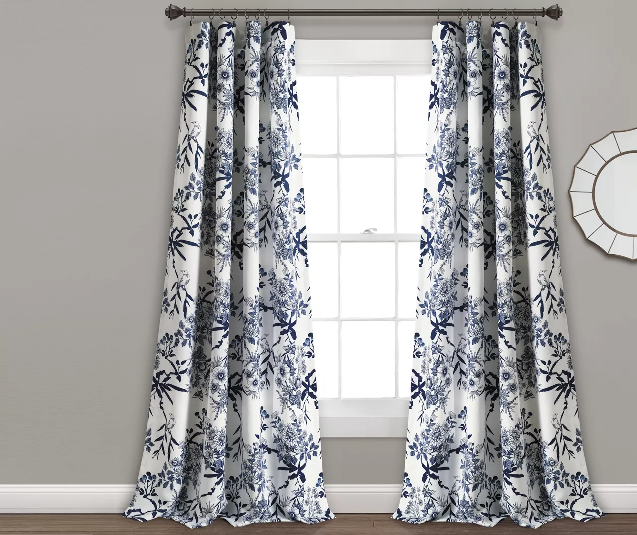 Botanical Garden Navy & White Room-Darkening Rod Pocket Curtain Panel Pair, (95")