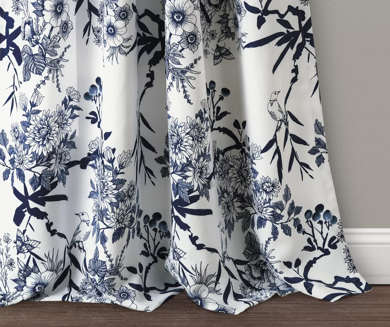Botanical Garden Navy & White Room-Darkening Rod Pocket Curtain Panel Pair, (95") - Image 3