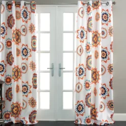 Adrianne White & Tangerine Floral Medallion Room-Darkening Grommet Curtain Panel Pair, (84")