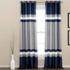 Alexander Stripe Navy Room-Darkening Grommet Curtain Panel Pair, (84")