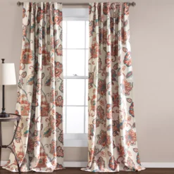 Aster Ivory & Red Room-Darkening Back Tab Curtain Panel Pair, (84")