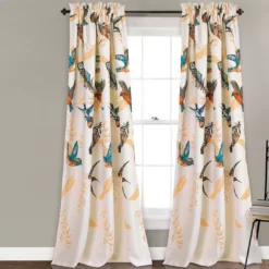 Bird Breeze Orange & Aqua Room-Darkening Rod Pocket Curtain Panel Pair, (84")