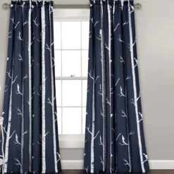 Bird On The Tree Navy Room-Darkening Rod Pocket Curtain Panel Pair, (84")