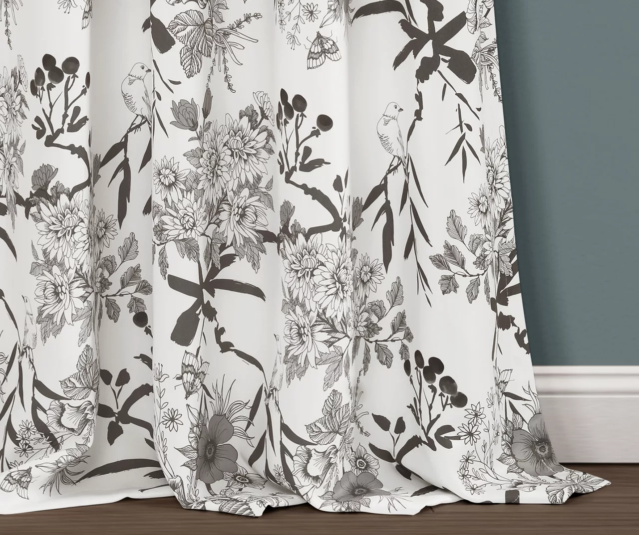 Botanical Garden Gray & White Room-Darkening Rod Pocket Curtain Panel Pair, (84") - Image 3