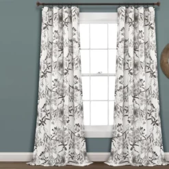 Botanical Garden Gray & White Room-Darkening Rod Pocket Curtain Panel Pair, (95")