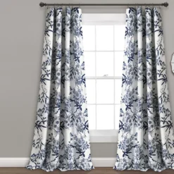 Botanical Garden Navy & White Room-Darkening Rod Pocket Curtain Panel Pair, (84")