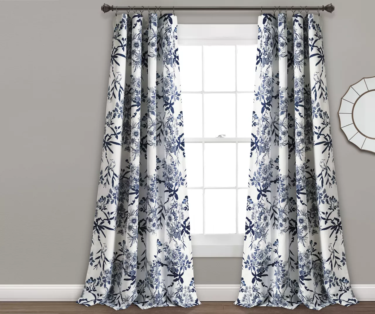 Botanical Garden Navy & White Room-Darkening Rod Pocket Curtain Panel Pair, (84")