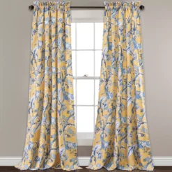 Dolores Yellow & Blue Floral Room-Darkening Rod Pocket Curtain Panel Pair, (108")