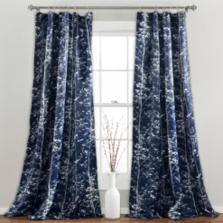 Forest Navy Room-Darkening Rod Pocket Curtain Panel Pair, (84")