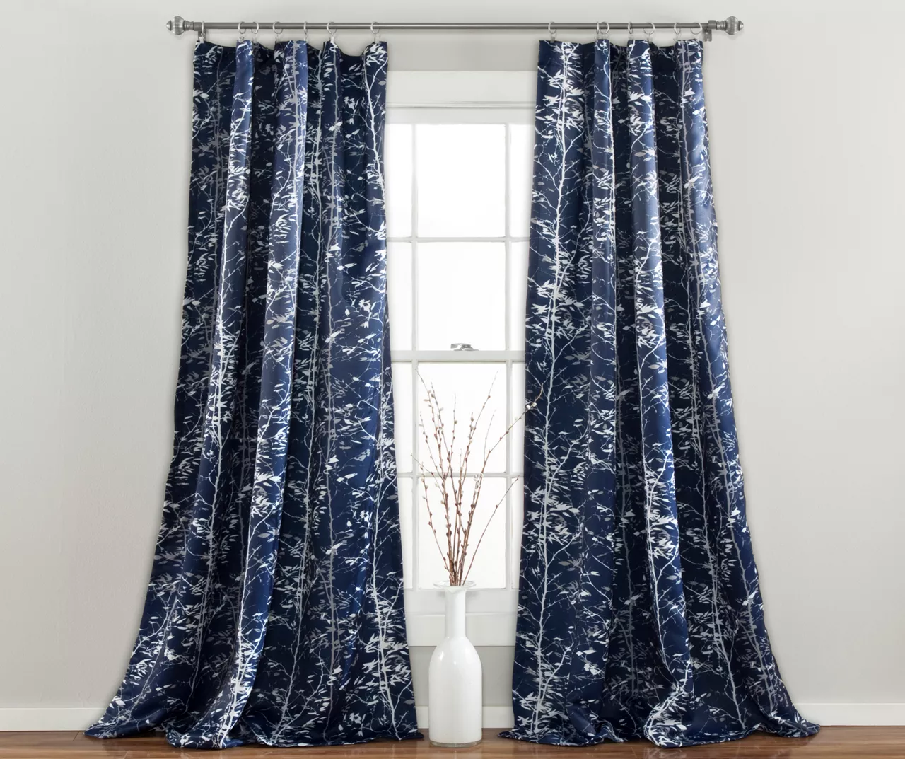 Forest Navy Room-Darkening Rod Pocket Curtain Panel Pair, (84")