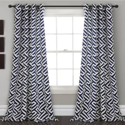 Giovana Navy Geometric Room-Darkening Grommet Curtain Panel Pair, (84")