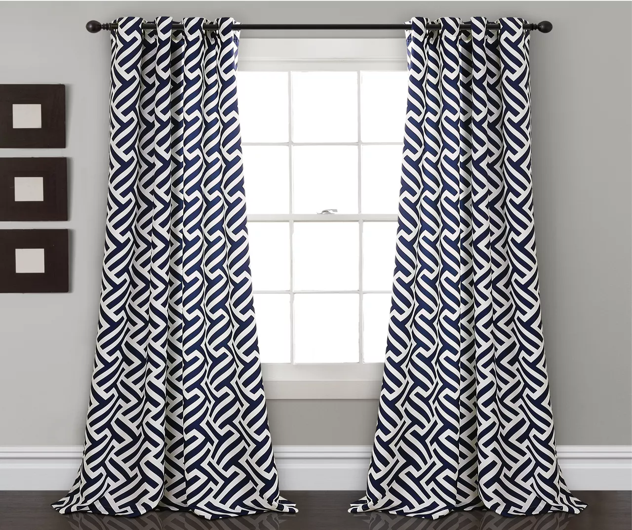 Giovana Navy Geometric Room-Darkening Grommet Curtain Panel Pair, (84")