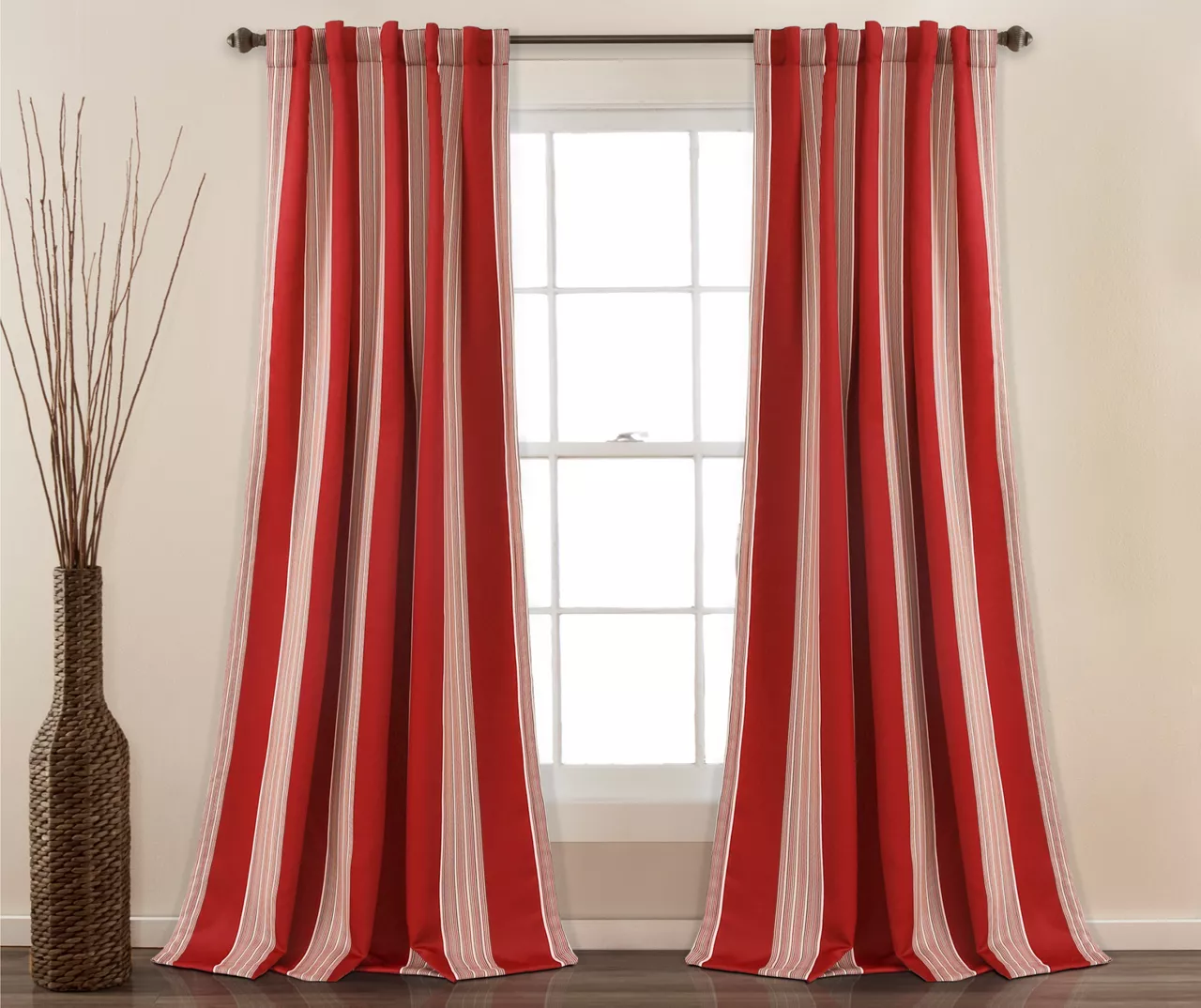 Julia Stripe Red Room-Darkening Back Tab Curtain Panel Pair, (84")